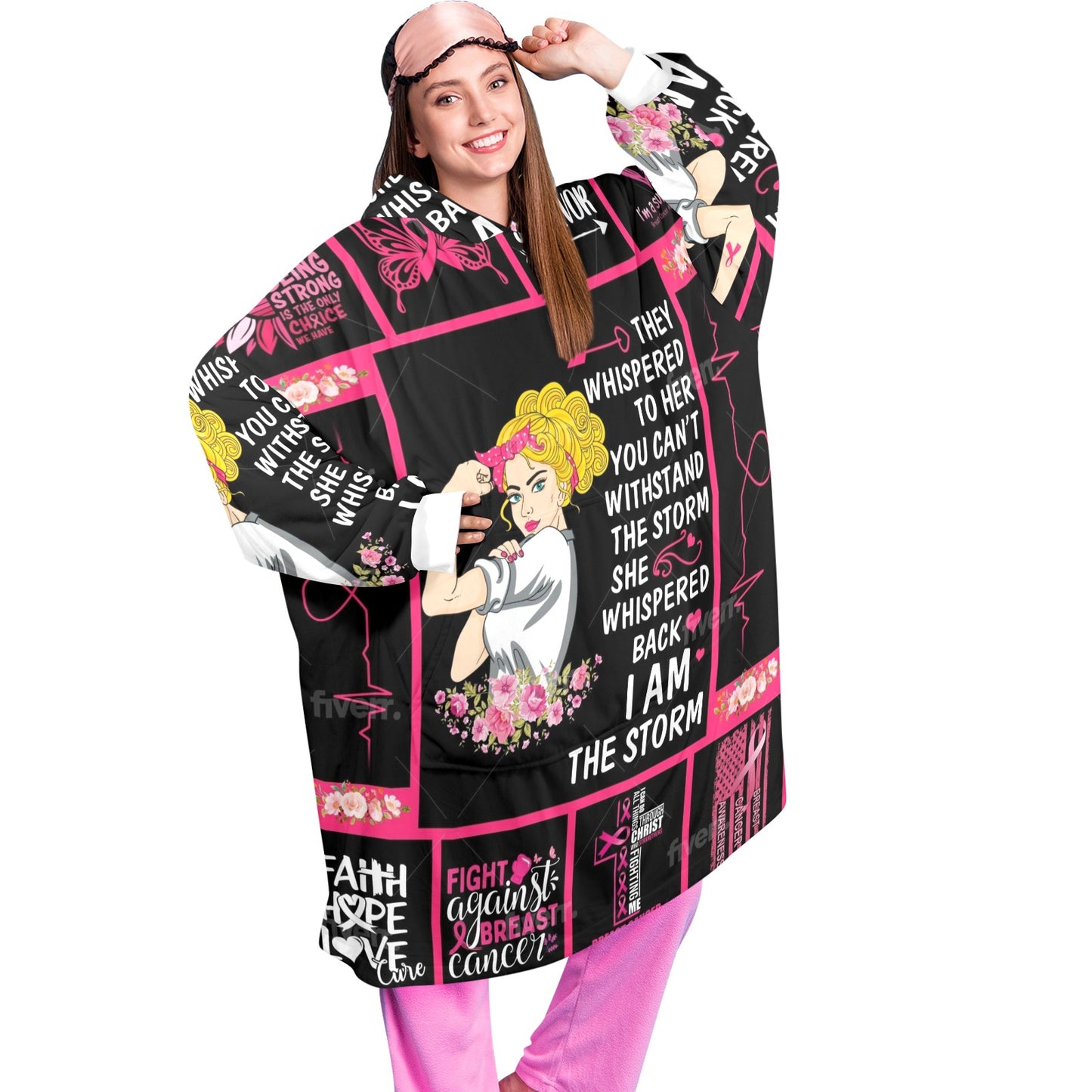 Strong Woman wear Pink Unisex Blanket Hoodie(Model H59）